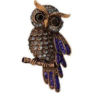 Vintage Owl Brooch With Blue & Black Rhinestones